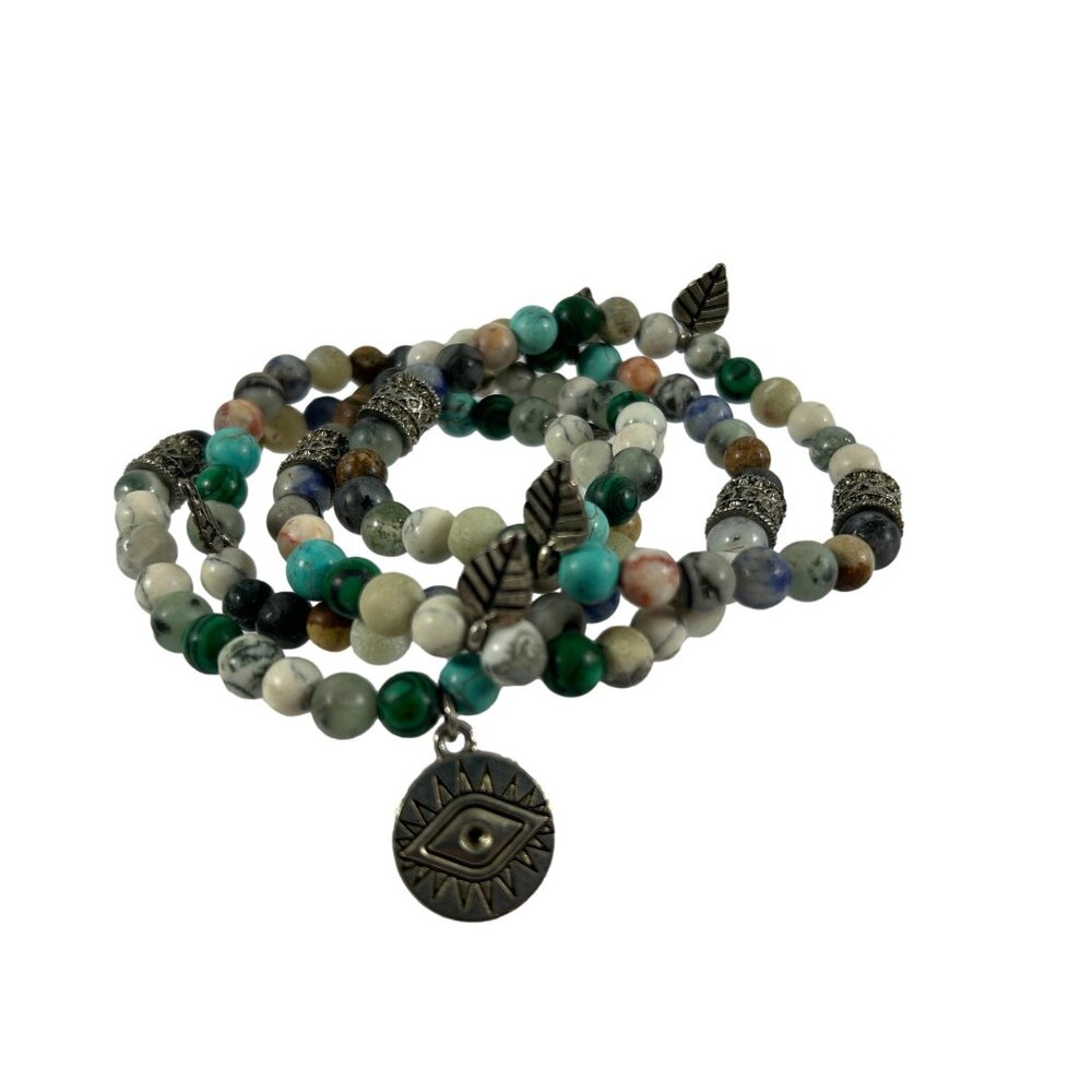Heart + Soul Toya Bracelet Amazonite Agate Stretch Beaded Lot 4 Evil Eye Leaf